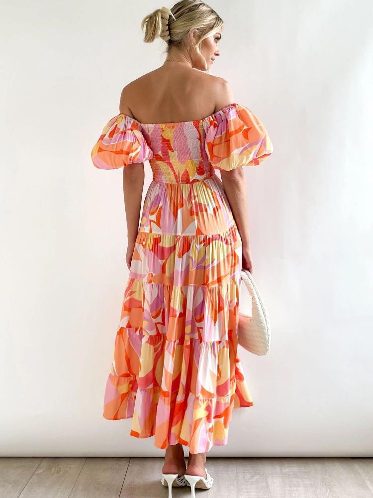 Andrea Printed Off-shoulder Puff Sleeve Tiered Maxi Dress-Sunfere