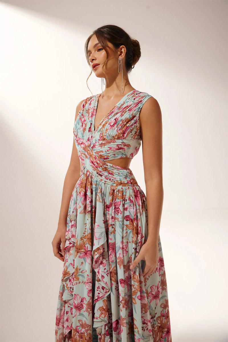 Anila Printed Pleated Ruffle Maxi Dress-Sunfere