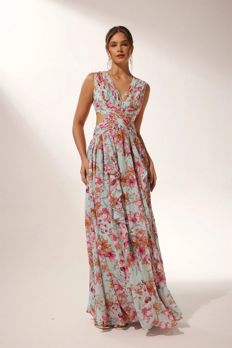 Anila Printed Pleated Ruffle Maxi Dress-Sunfere