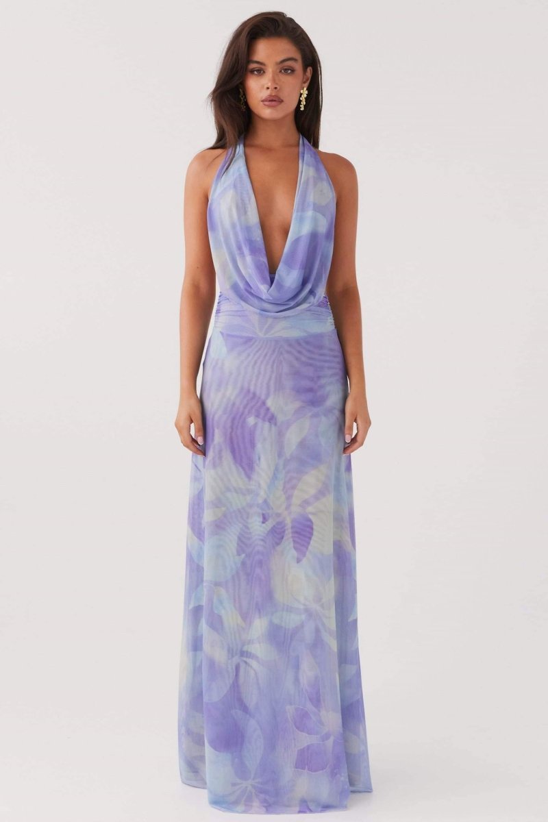 dresses-Antonia Printed Halterneck Maxi Dress-SD00604022605-Purple-S - Sunfere