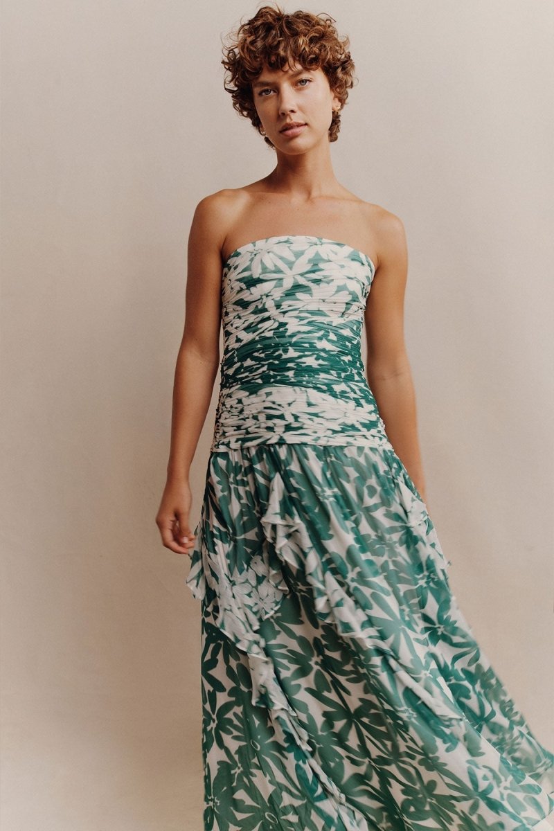 dresses-Antonia Printed Strapless Gathered Maxi Dress-SD00605292837-Green-S - Sunfere