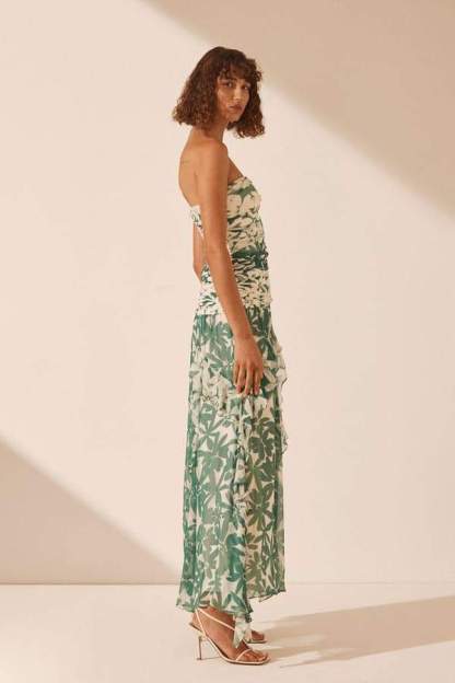 dresses-Antonia Printed Strapless Gathered Maxi Dress-SD00605292837-Green-S - Sunfere