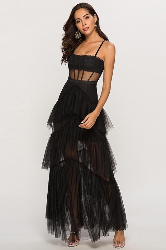 Arlene Corset Layered Mesh Slip Formal Maxi Dress | sunfere