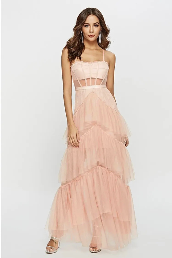 Arlene Corset Leayered Mesh Slip Maxi Dress-Sunfere