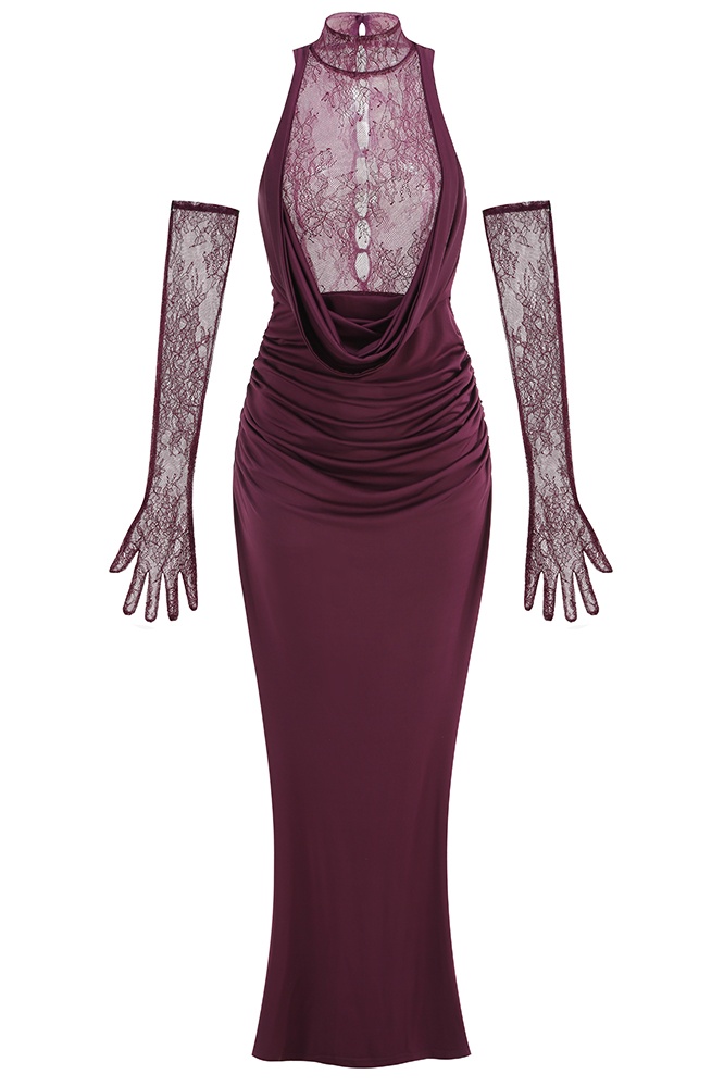 Evelyn Plunging Cowl Lace Bodice Maxi Dress