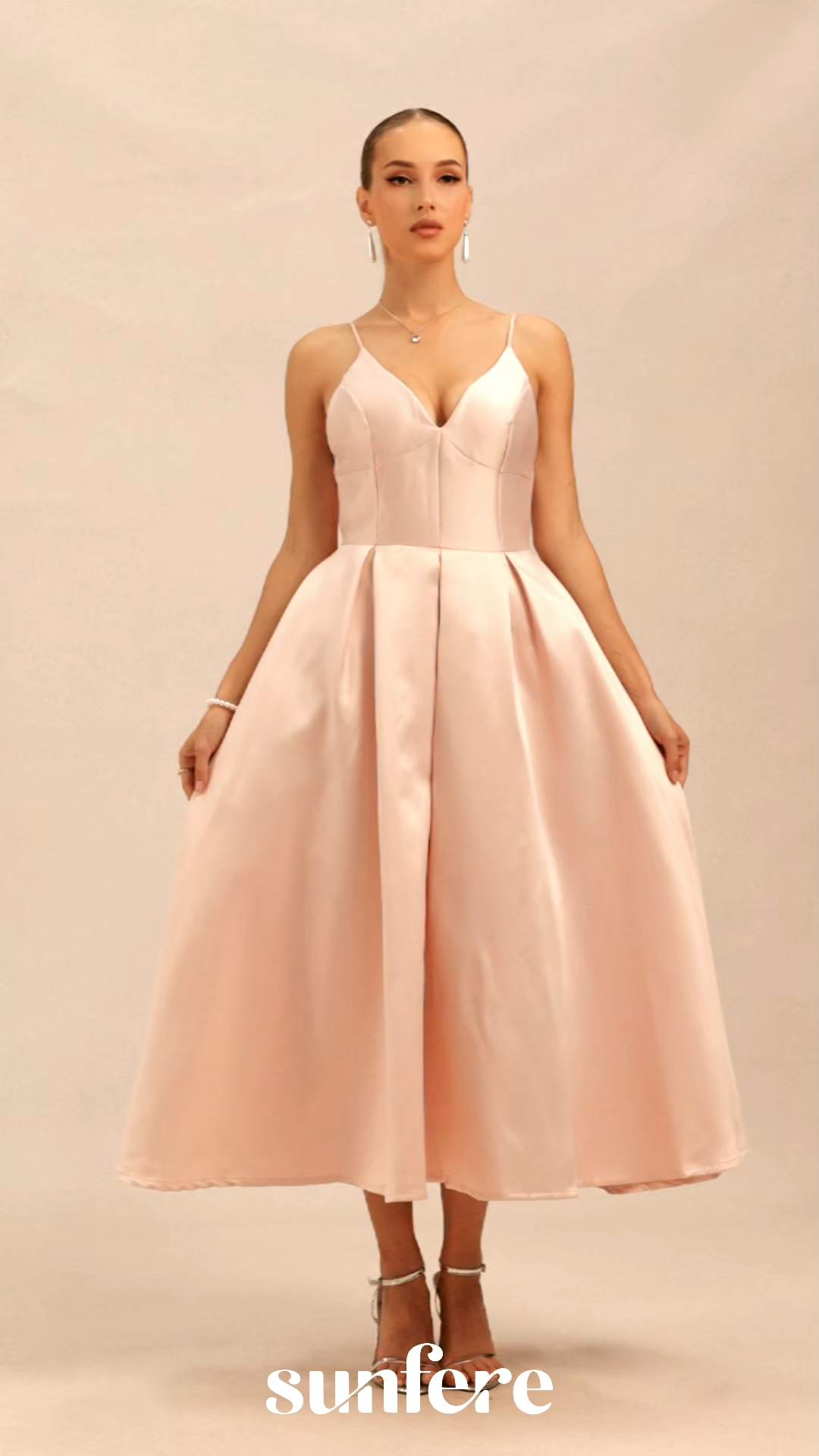 Enchant My Love Pink V-Neck Spaghetti Straps Midi Dress