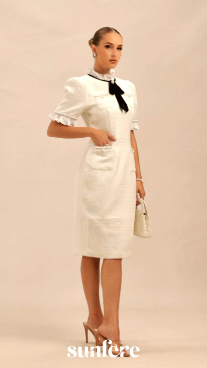 Precious And Perfect White Velvet Bow Ruffled Mini Dress