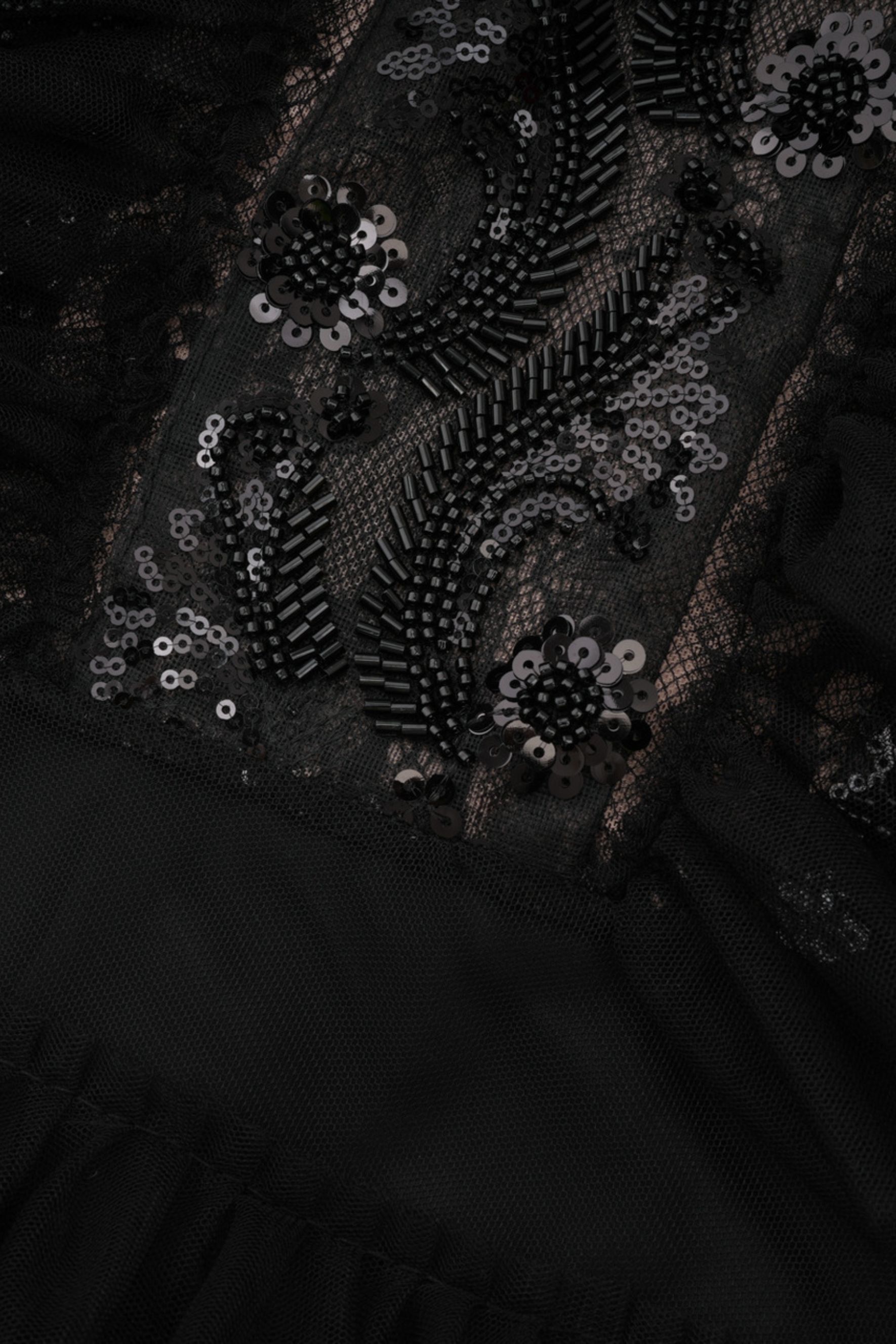 Midnight Allure Black Lace Sleeve Ruffled Maxi Dress