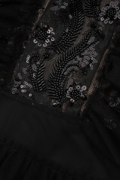 Midnight Allure Black Lace Sleeve Ruffled Maxi Dress