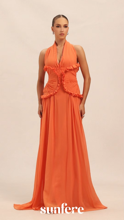 Aliza Halter Neck Ruffle Trim Maxi Dress