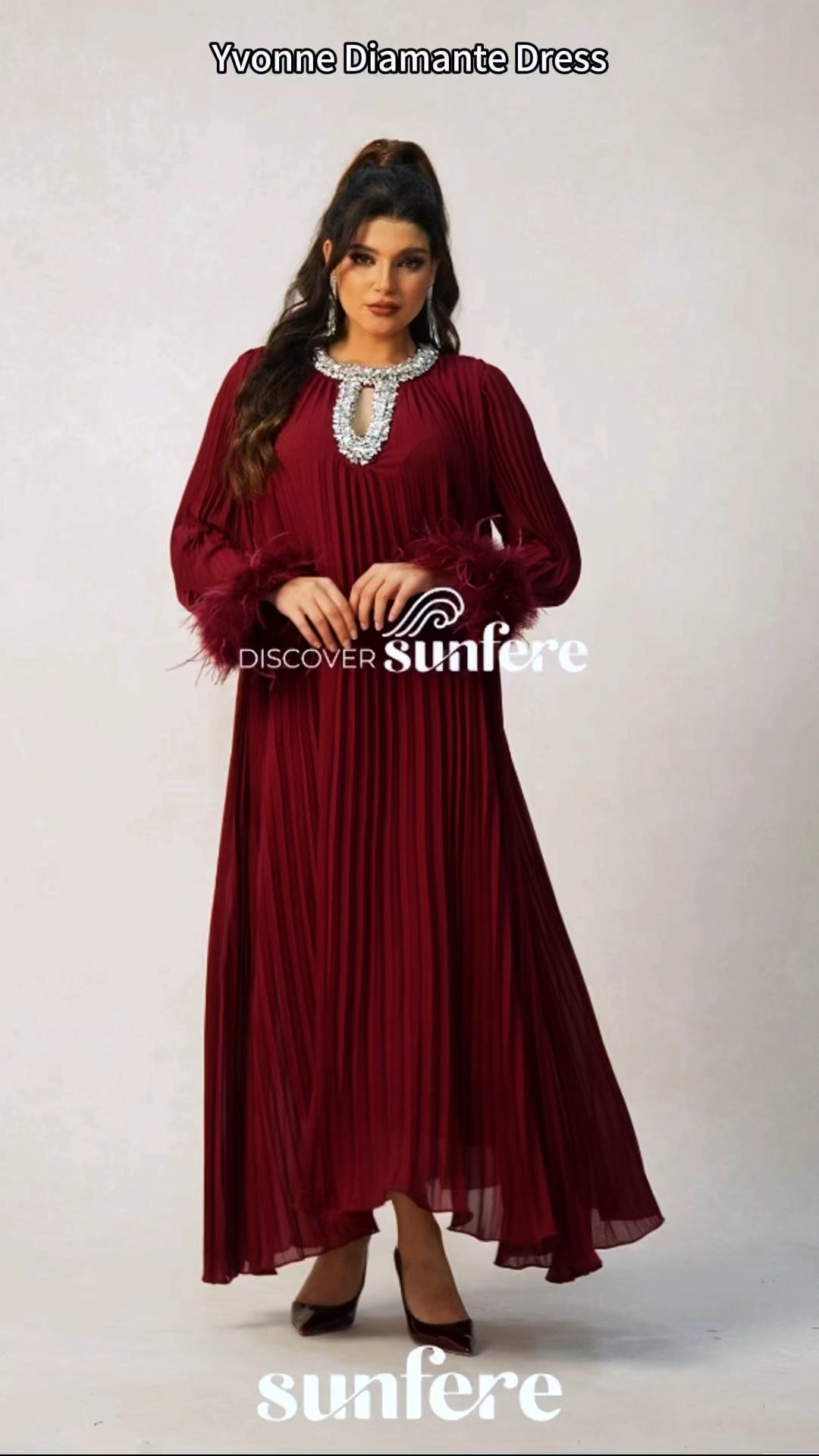 Yvonne Diamante Feathered Pleated Maxi Chiffon Dress