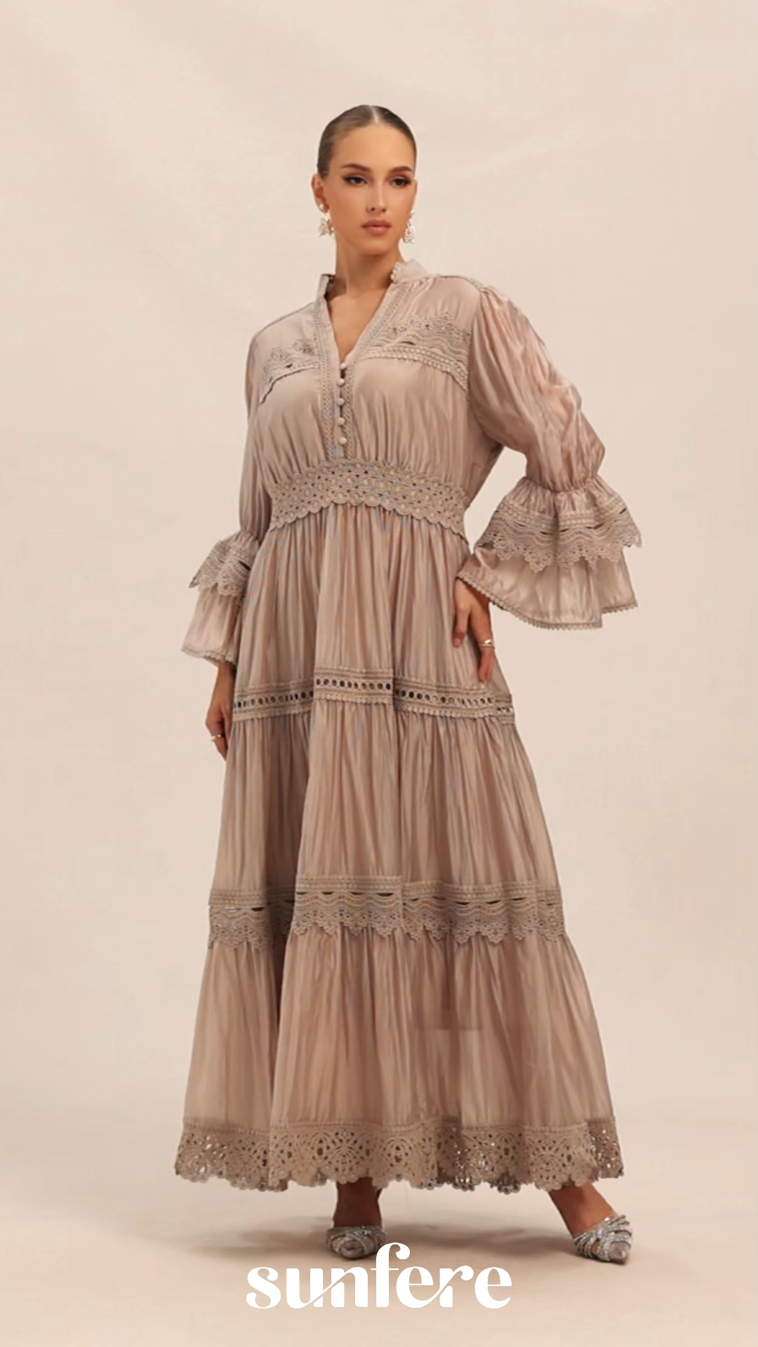 Marina Flared Cuff Lace Embroidered Maxi Dress