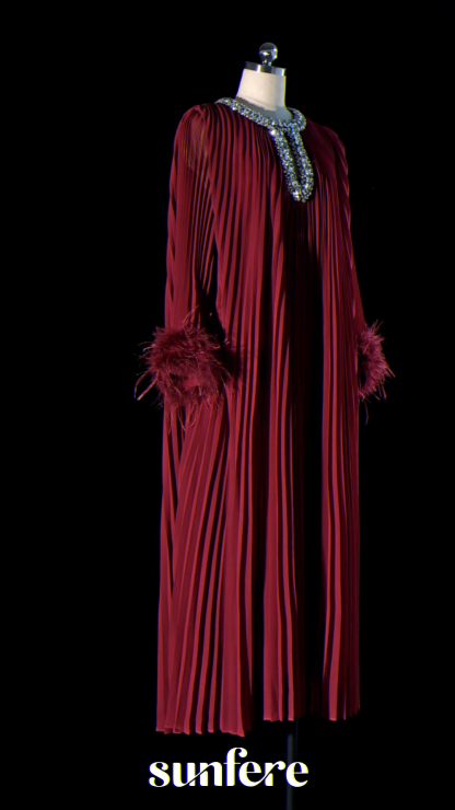 Yvonne Diamante Feathered Pleated Maxi Chiffon Dress