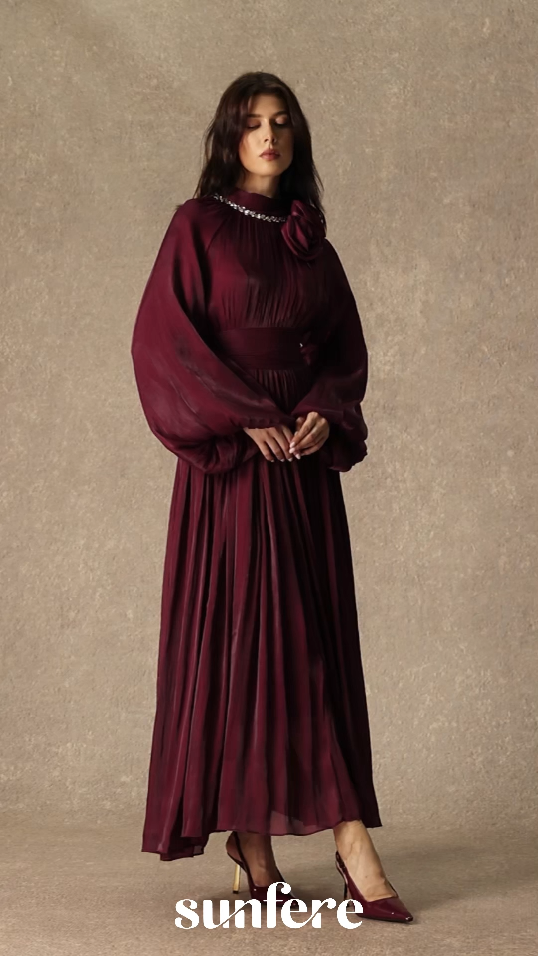 Beautiful Night Burgundy Pearl Collared Pleated Maxi Dress
