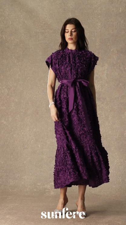 One Of One Purple Floral Embroidered Cap Sleeve Midi Dress