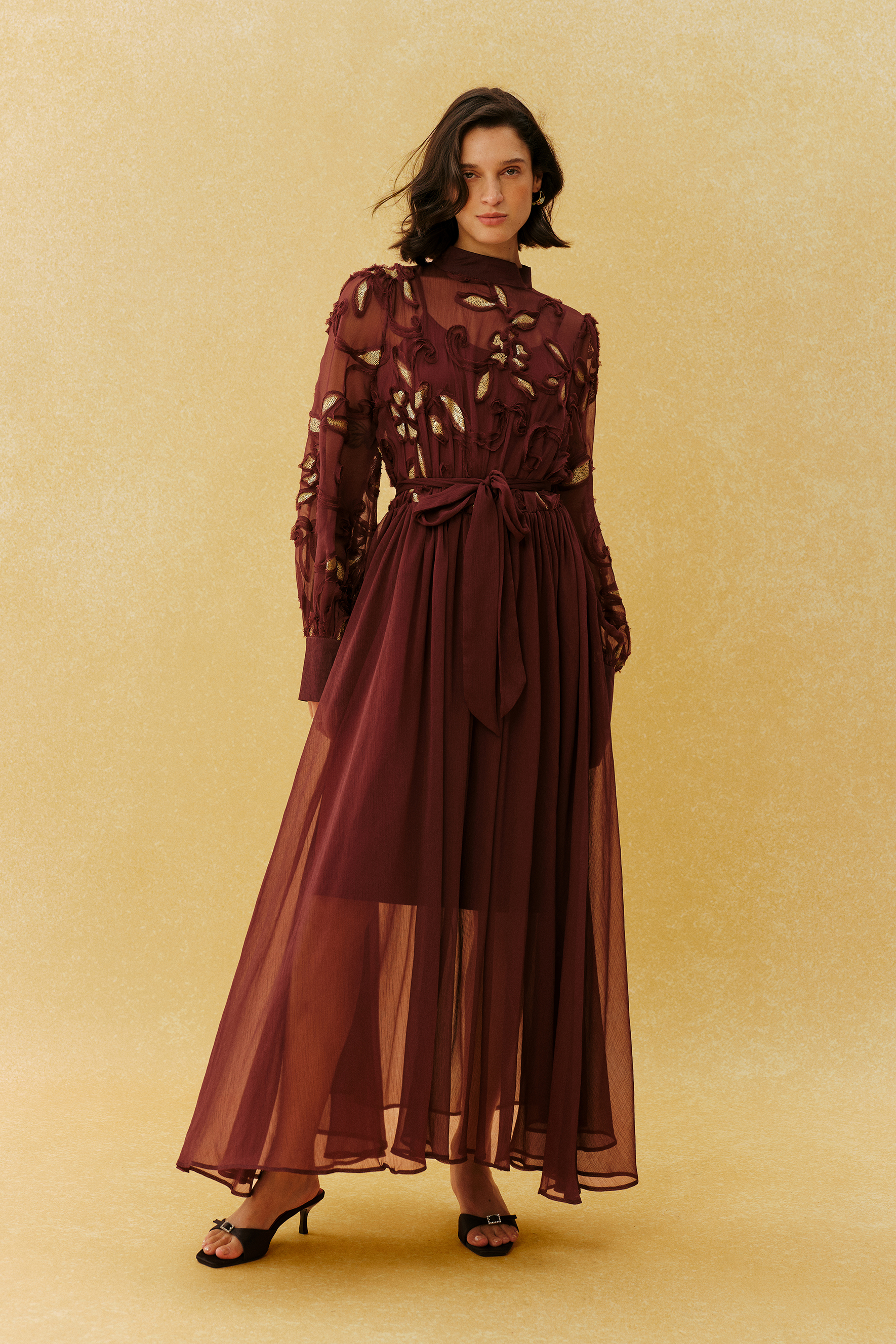 Autumn Affair Burgundy Floral Embroidery Long Sleeve Maxi Dress