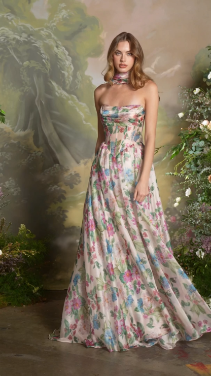 Most Beautiful Day Multi Floral Print Corset Maxi Dress