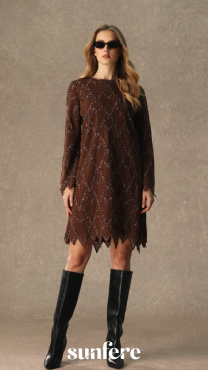 Warm Emotions Brown Sequin Checked Midi Dress