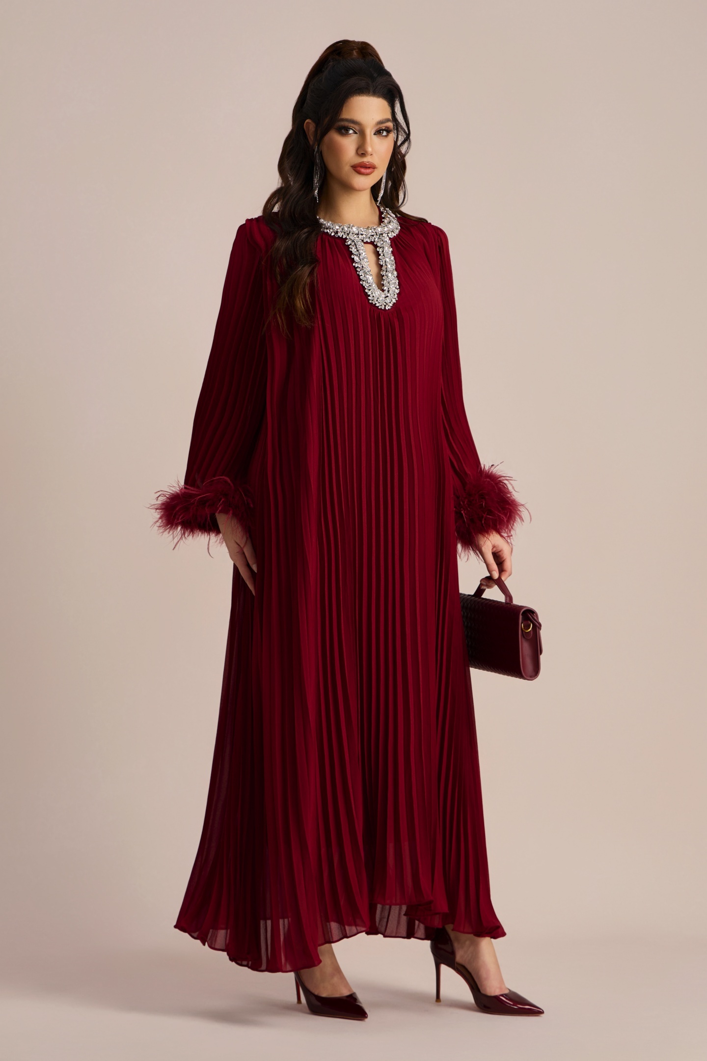 sunfere Yvonne Diamante Feathered Pleated Maxi Chiffon Dress-Sunfere