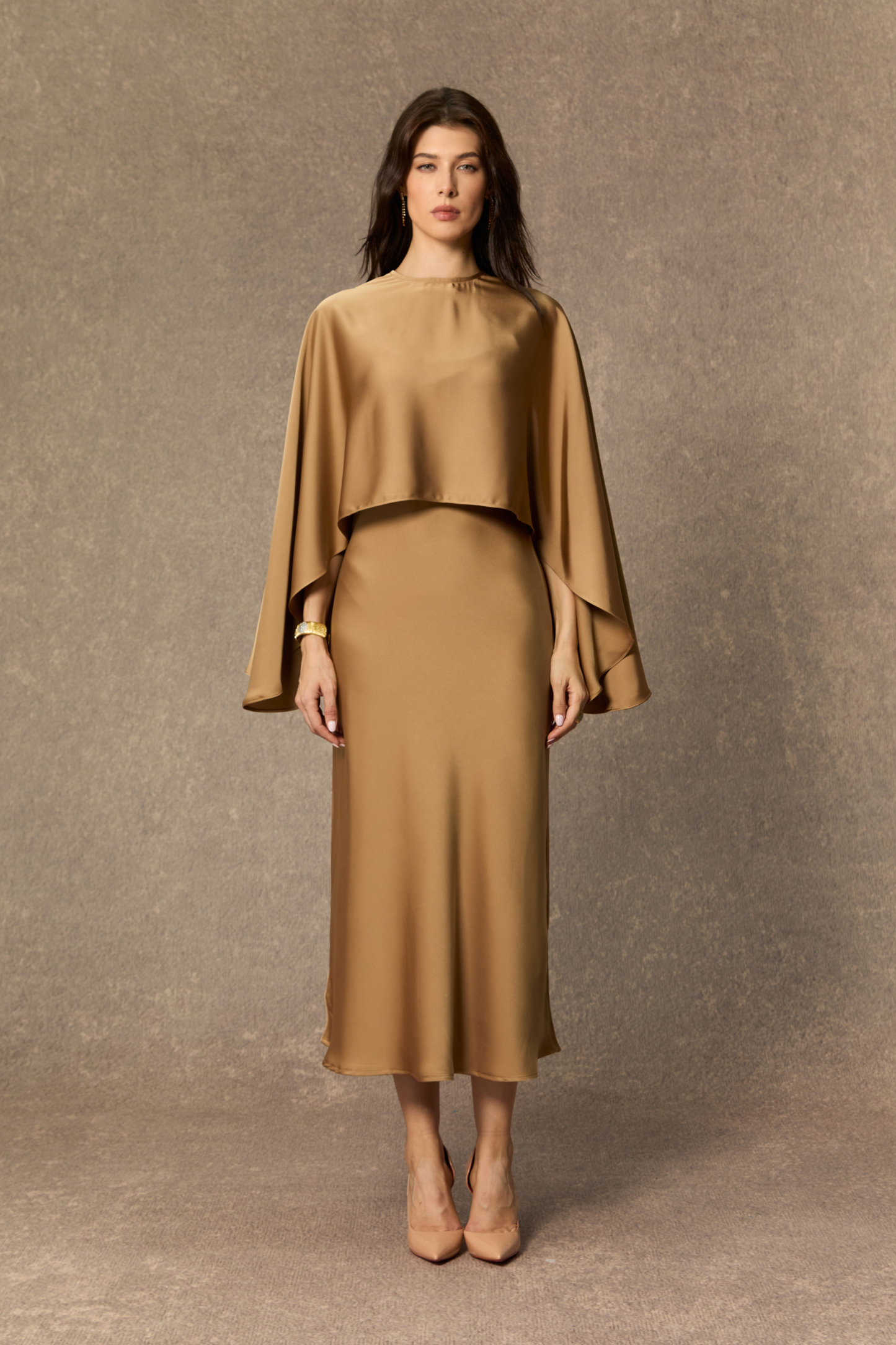 sunfere Captivating Presence Khaki Draped Cape & Midi Dress Set or Panelled Satin Column Midi Dress