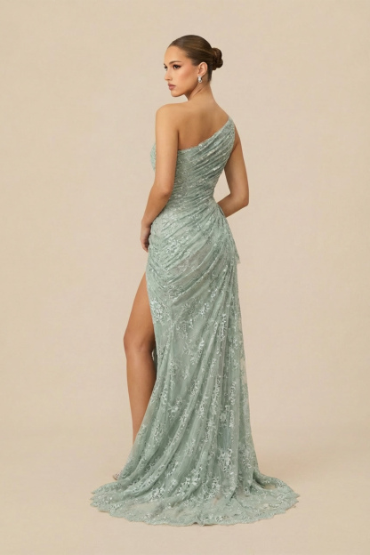 Glamorous Disposition Green One Shoulder Ruched Maxi Dress
