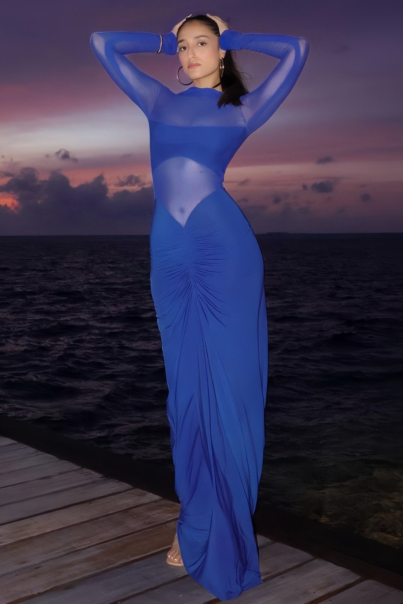 dresses-Basia Contrast Mesh Maxi Dress-SD00212132038-Blue-S - Sunfere
