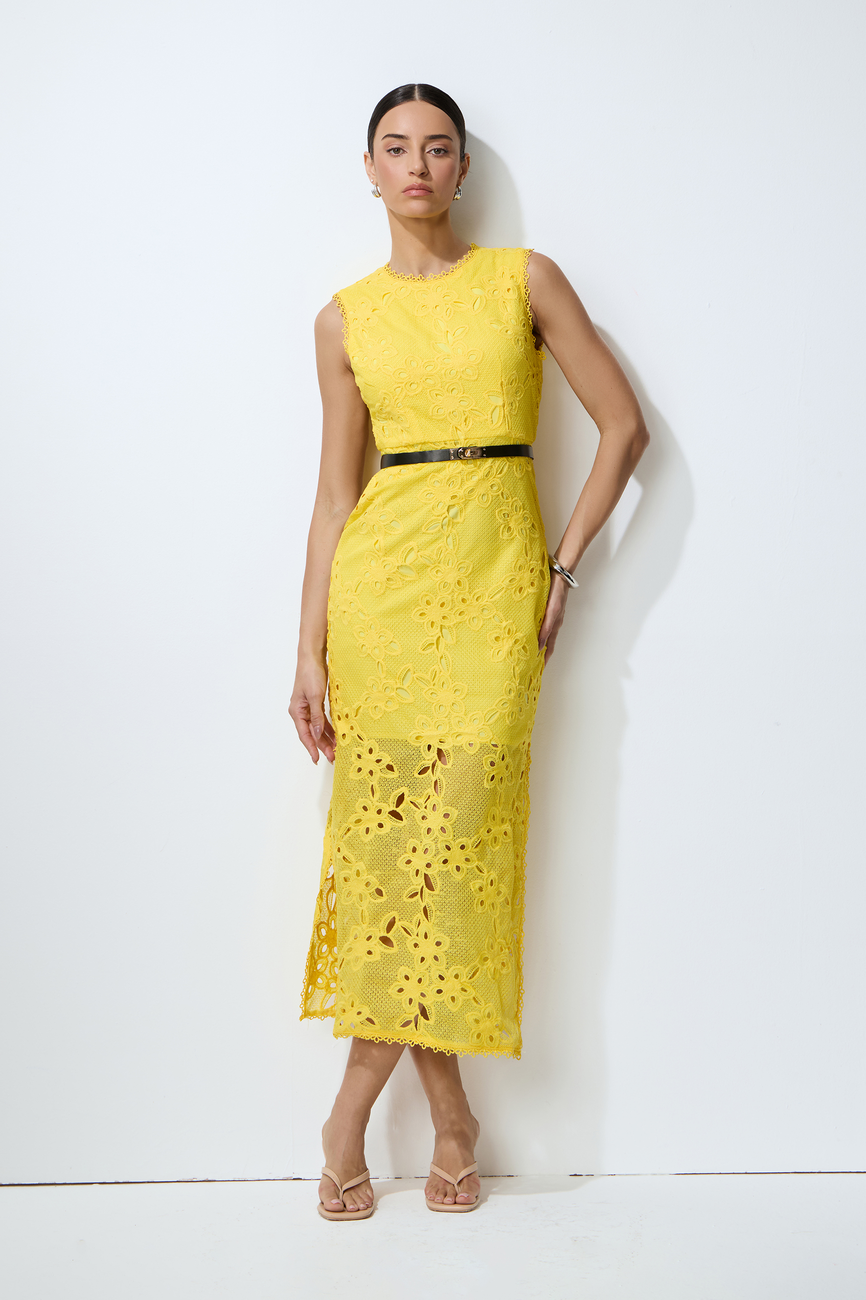 Warm Stillness Yellow Sleeveless Floral Lace Midi Dress