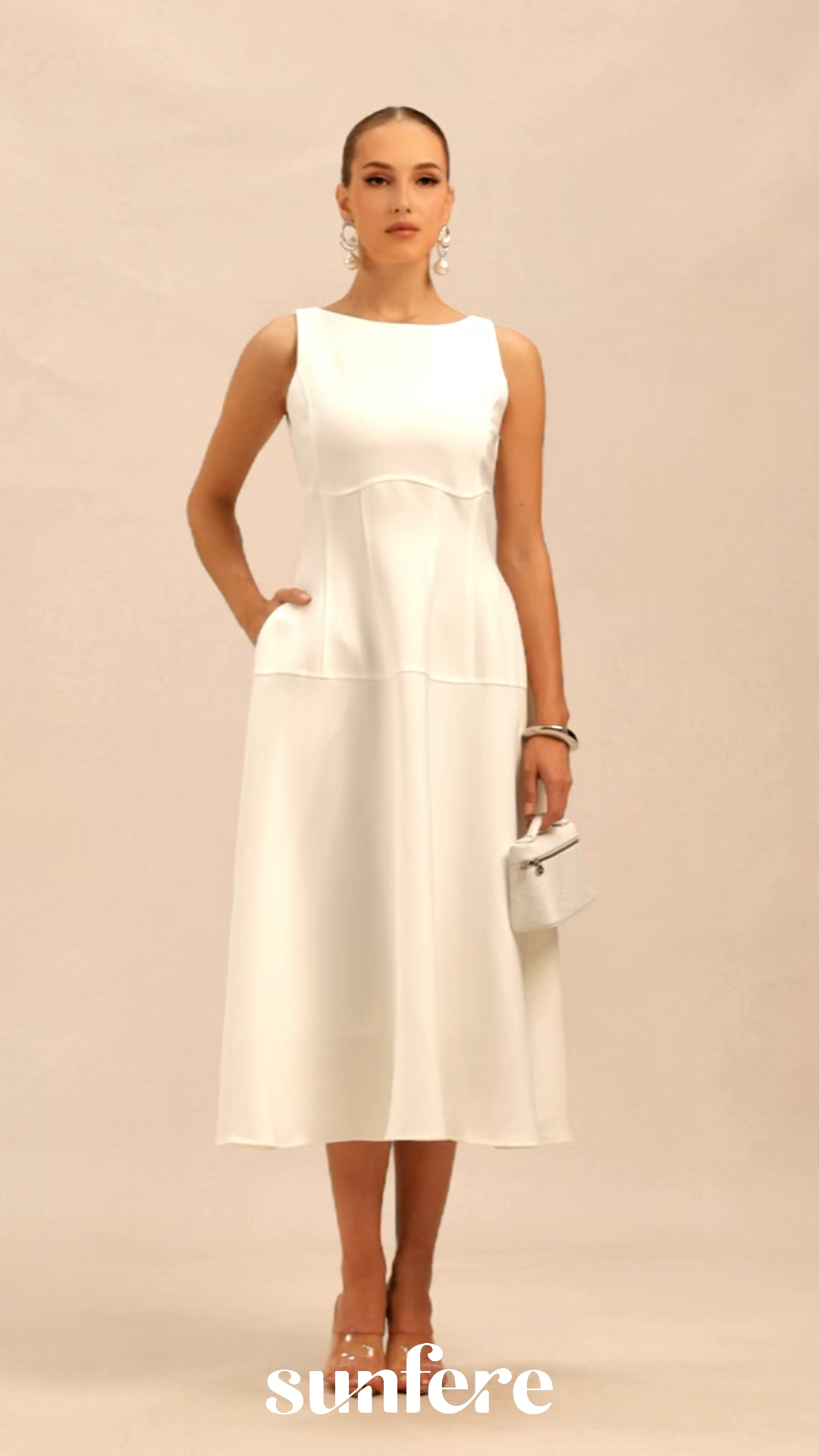 Classic Charm White Sleeveless Midi Dress