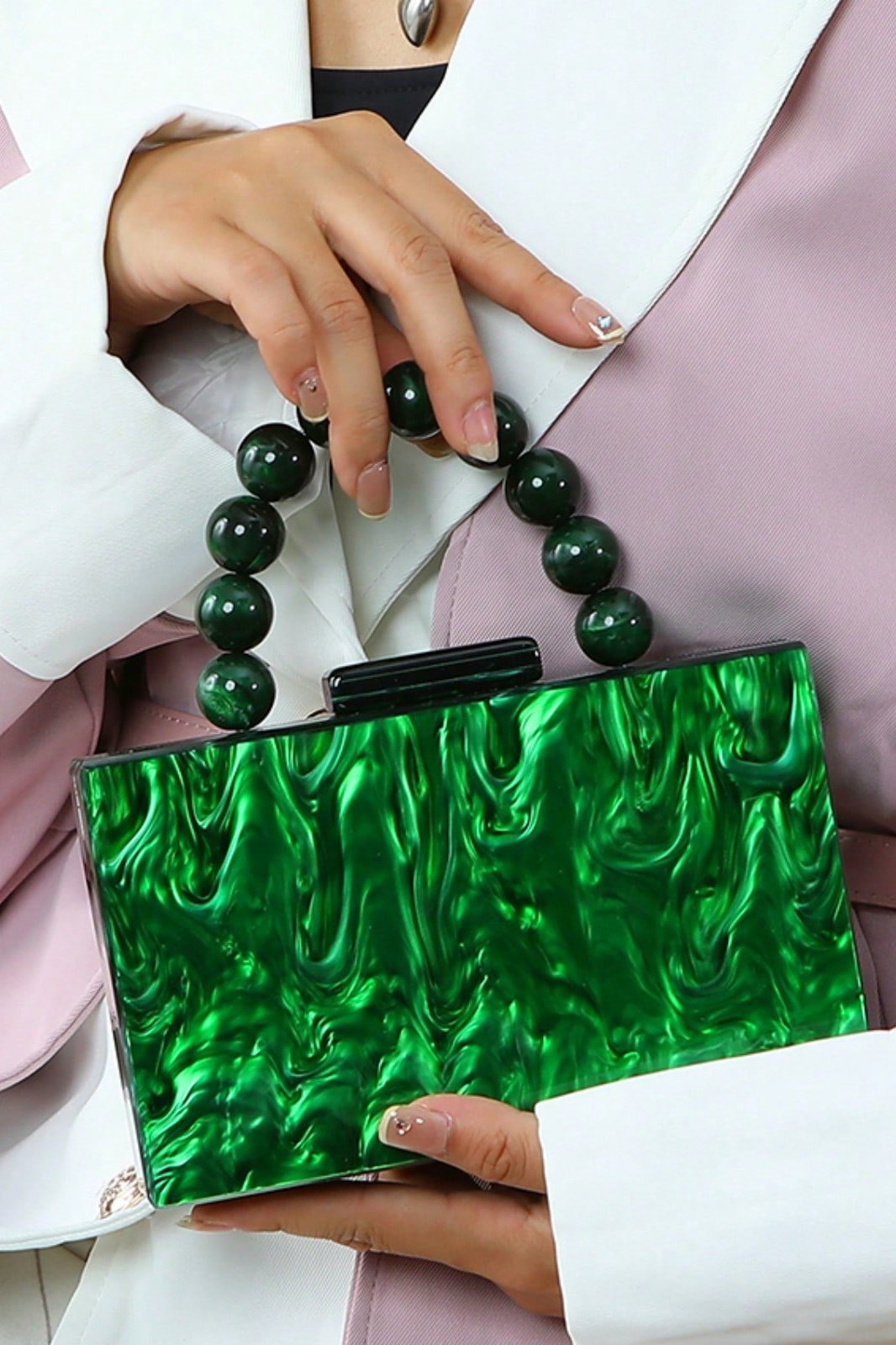 Beaded Chain Marbling Handbag-Sunfere