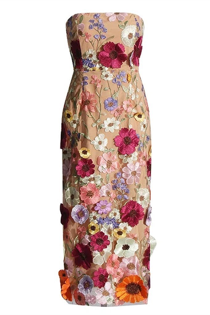 Belle Embroidered Floral Strapless Midi Dress-Sunfere