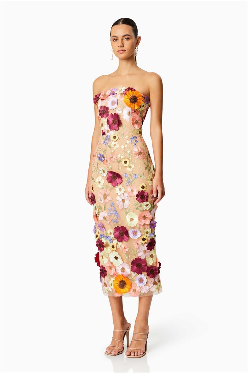 Belle Embroidered Floral Strapless Midi Dress-Sunfere