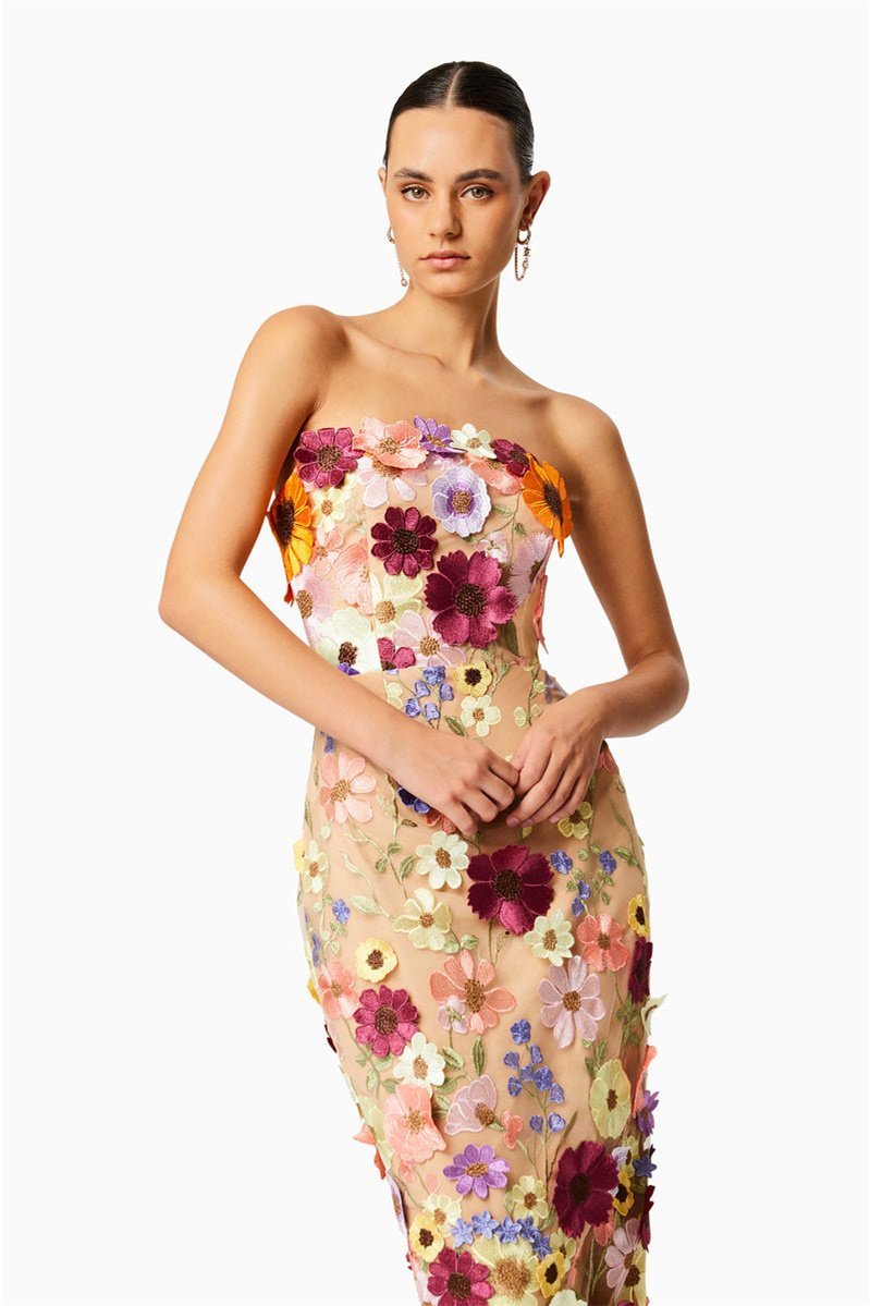 Belle Embroidered Floral Strapless Midi Dress-Sunfere