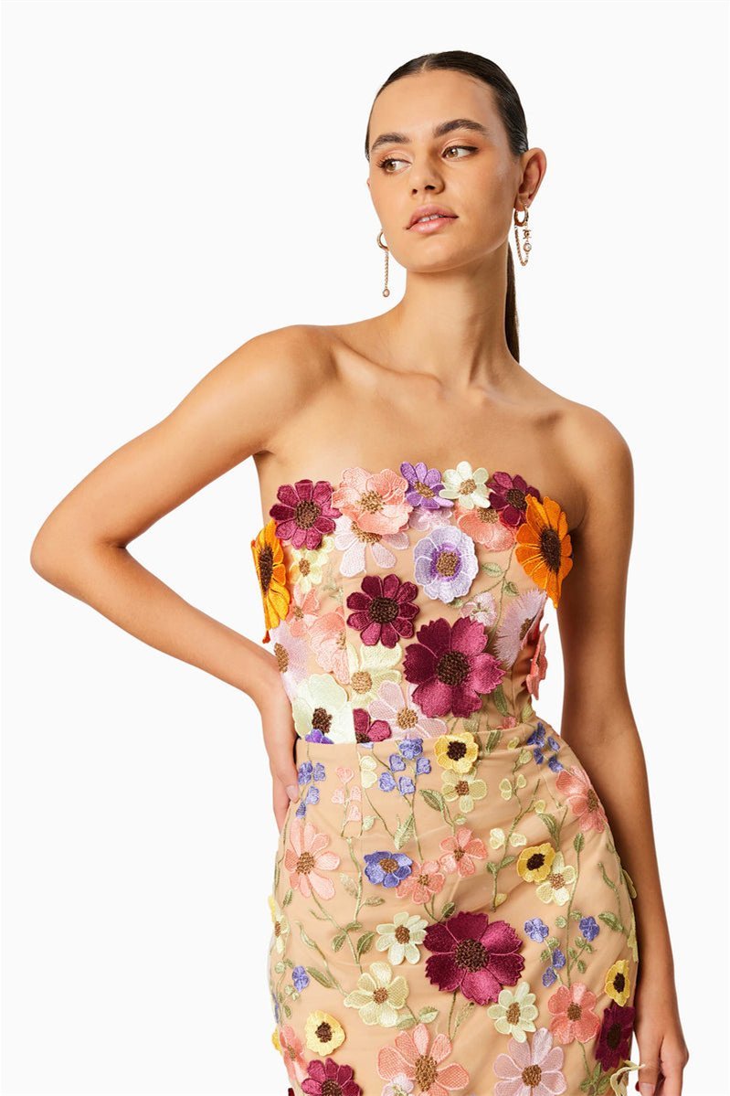 Belle Embroidered Floral Strapless Midi Dress-Sunfere