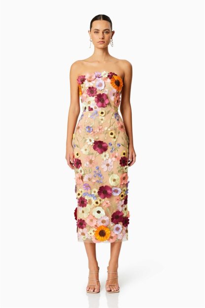 Belle Embroidered Floral Strapless Midi Dress-Sunfere