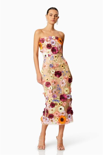 Belle Embroidered Floral Strapless Midi Dress-Sunfere