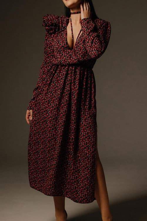 dresses-Bertha Flower V Neck Midi Dress-SD00604032624-Black-S - Sunfere