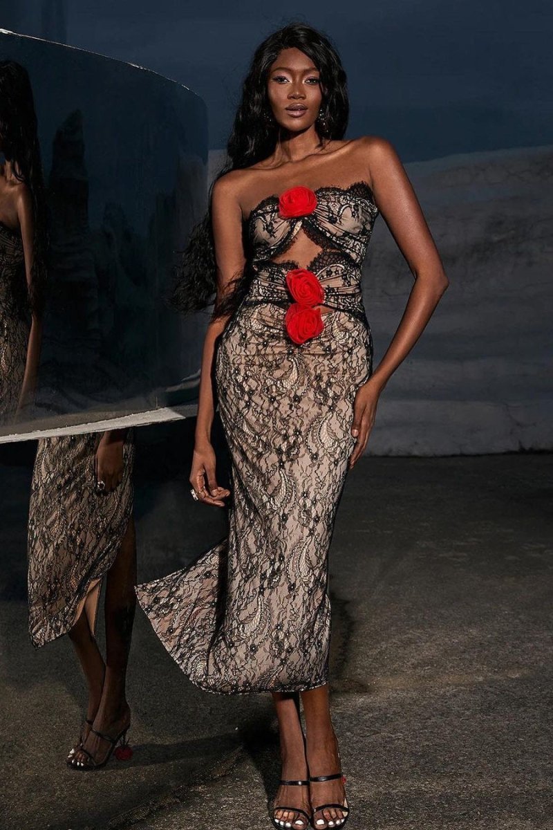 Betsy Cutout Lace Midi with Floral Appliqué | Sunfere