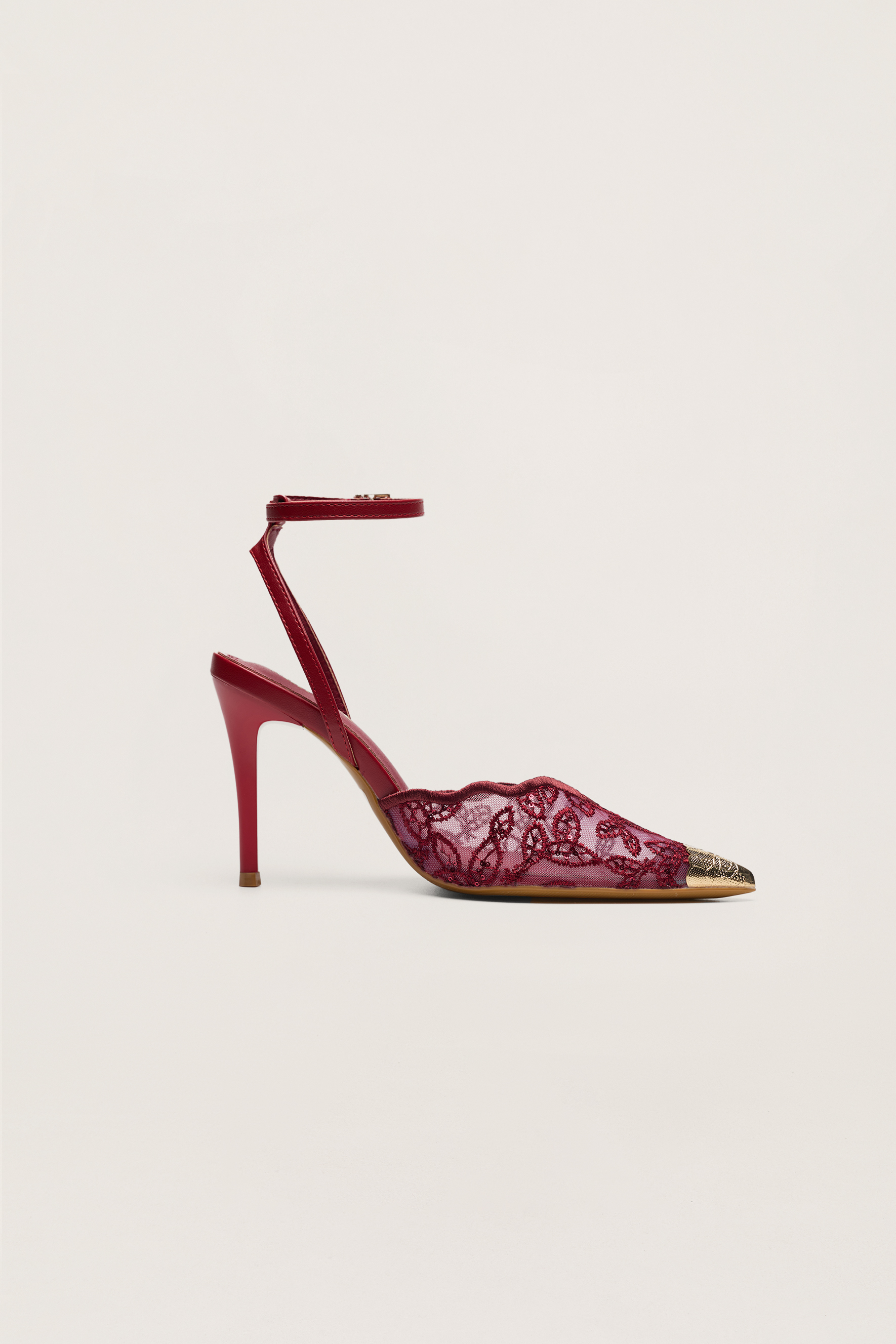 Special Feeling Burgundy Floral Embroidered Scalloped Ankle Strap Pumps