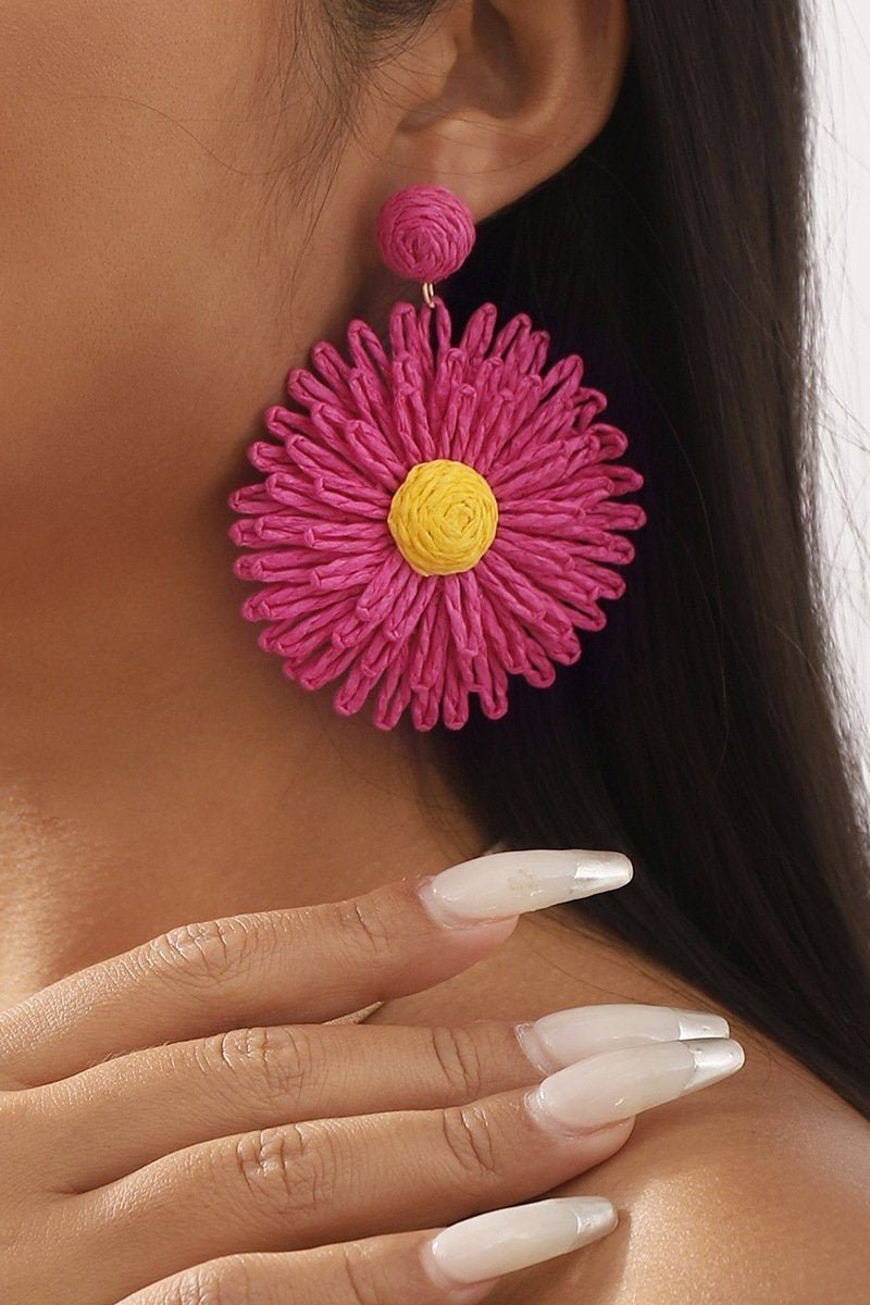 accessories - Boho Raffia Sunflower Drop Earrings - SA00606072900 - Hot Pink - Sunfere