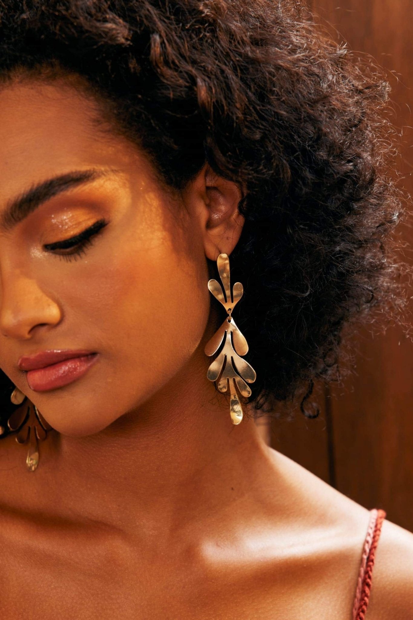 Brass Leaf Dangle Earrings-Sunfere