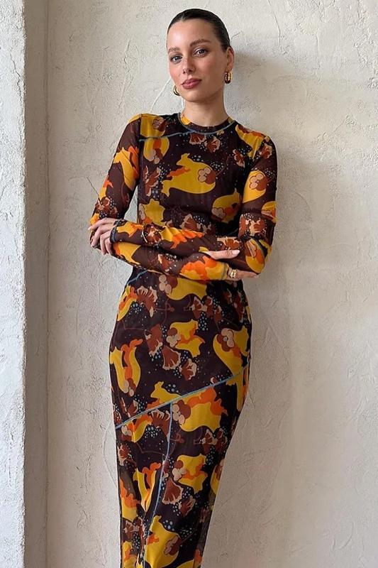 Breeda Printed See-through Maxi Mesh Dress-Sunfere