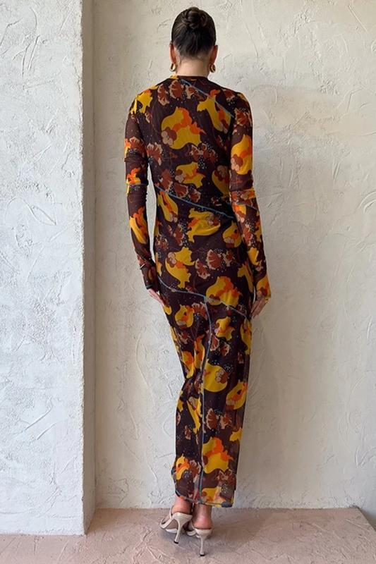 Breeda Printed See-through Maxi Mesh Dress-Sunfere