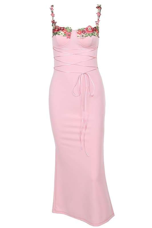 dresses-Brenda Embroidered Floral Lace-up Midi Dress-SD00604012589-Pink-S - Sunfere
