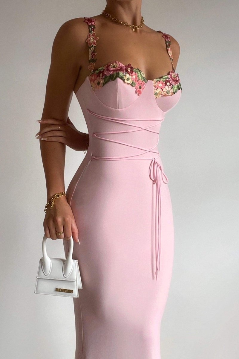 Brenda Embroidered Floral Lace-up Midi Dress-Sunfere