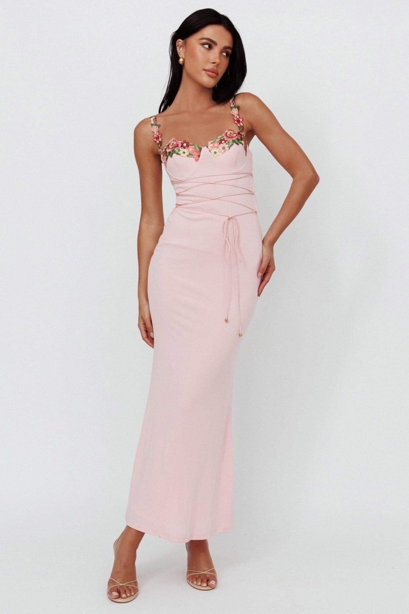dresses-Brenda Embroidered Floral Lace-up Midi Dress-SD00604012589-Pink-S - Sunfere
