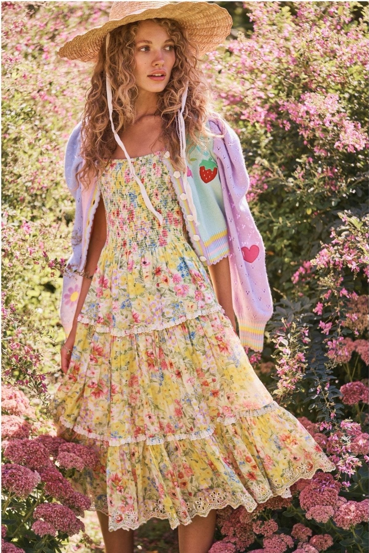 Brianna Printed Lace Trimed Midi Dress