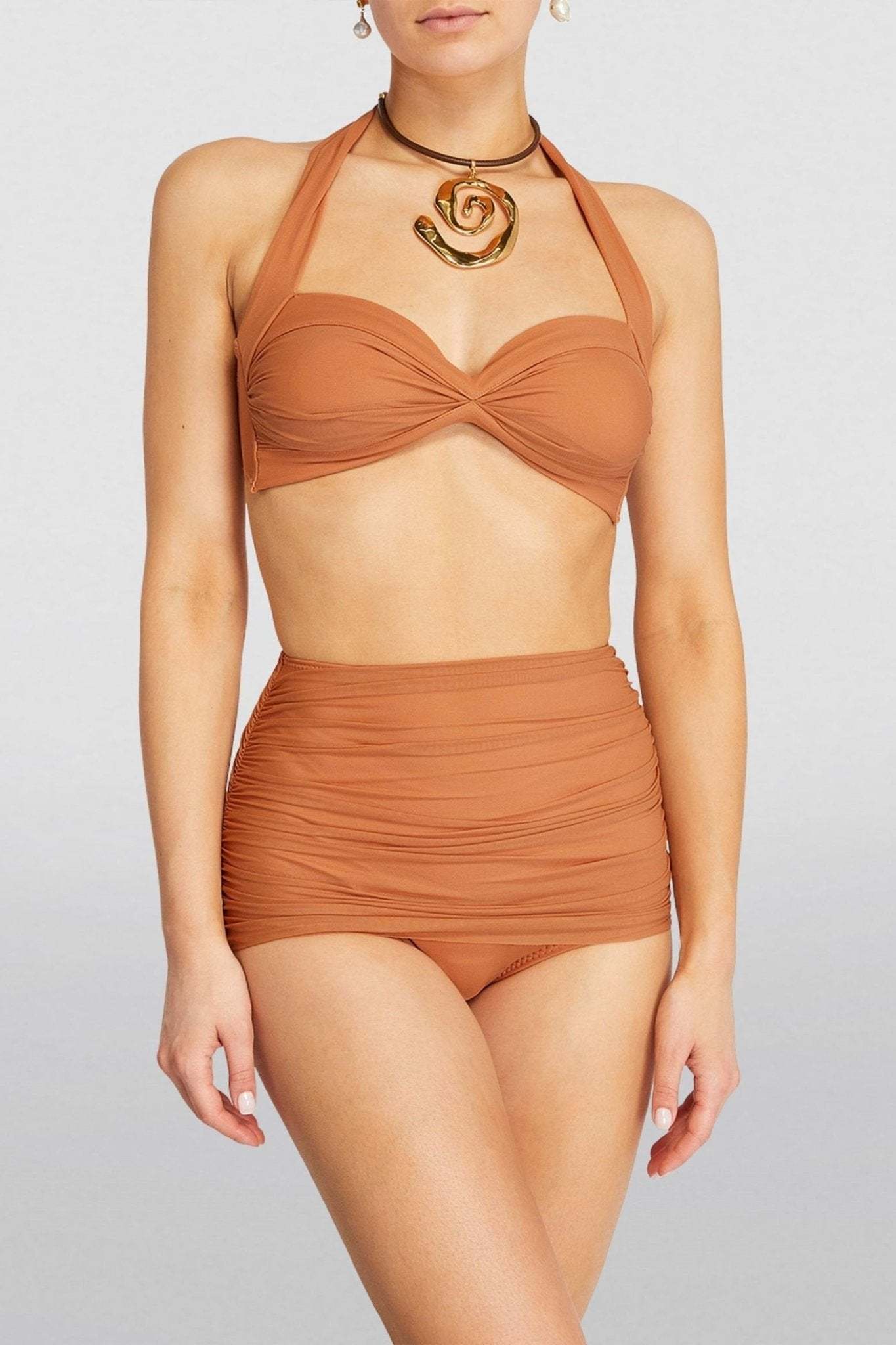 swimwear-Brina Ruched Halterneck Three-piece Swim Set-SW00601162127-Khaki-S - Sunfere
