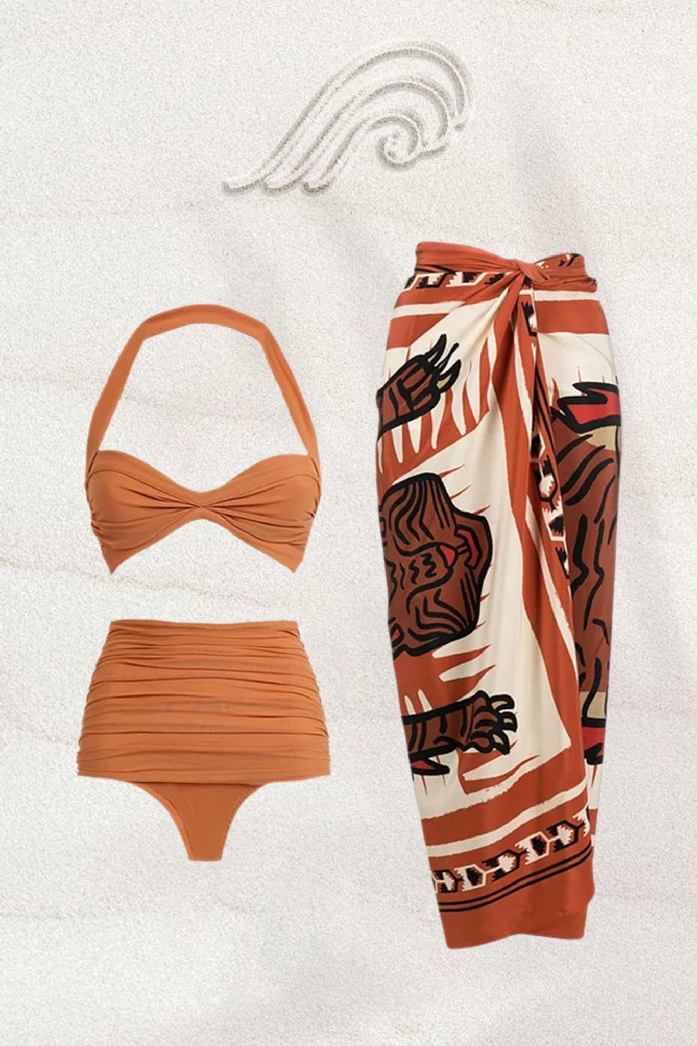 swimwear-Brina Ruched Halterneck Three-piece Swim Set-SW00601162127-Khaki-S - Sunfere