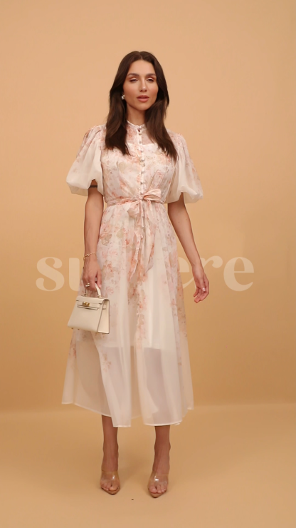 Denise Floral Print Puff Sleeve Midi Dress