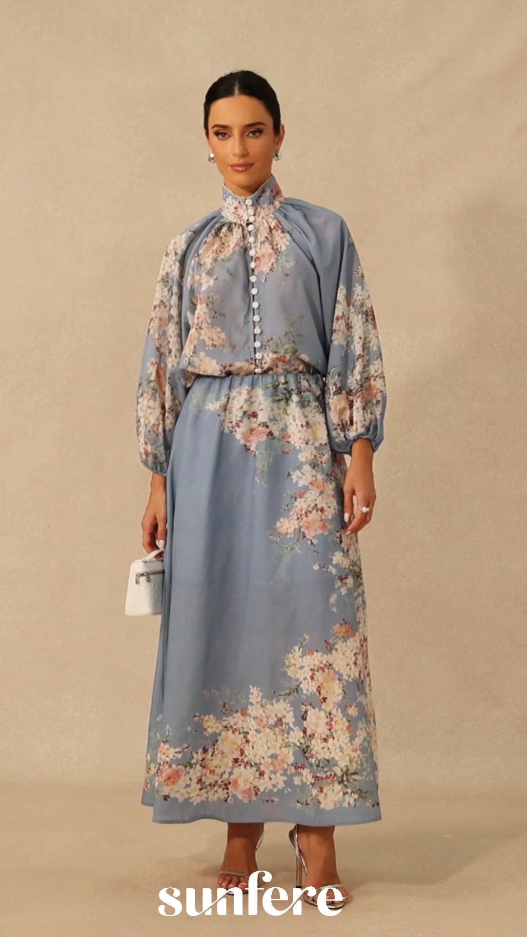 Paulina Floral Print Lantern Sleeve Blouse & Maxi Skirt Set